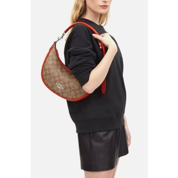 🔹️Coach🔹️ CR283 Aria Shoulder bag Logo Signature Khaki / Miami Red - Picture 2 of 6
